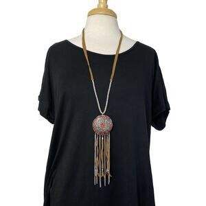 SHIRALEAH New Catrine Tribal Leather Necklace Silver Pink Turquoise Anthro